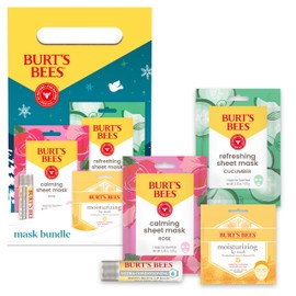 Burt’s Bees Christmas Gifts, Mask Bundle Stocking Stuffers Gift Set; Moisturizing Lip Mask, Ultra Conditioning Lip Balm, Refreshing Sheet Mask, Calming Sheet Mask; Festive Packaging; 1 Gift Set