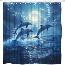 ZFMRZF Dolphin Shower Curtain Blue Sea Animals Jump Under Full Moon Starry Ocean Beach Nautical Creatures Bathroom Polyester Curtains Set with Hooks 70x70 Inch