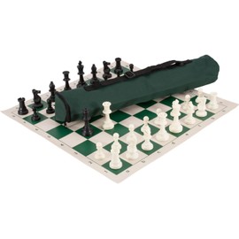 U.S. Chess Quiver Chess Set- Triple Weighted- Green- 21" x 6" Quiver Chess Bag, Regulation Vinyl Chess Board, Traditional Staunton Pattern, 3.75" King, Additional Queens, 2.25" Squares