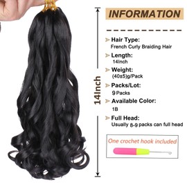9 Packs 14 Inch French Curls Braiding Hair Pre Stretched Bouncy Loose Wavy Braiding Hair 50g/Pack French Curly Braiding Hair Synthetic Crochet Braids Hair For Box Braids Hair Extension For Women（14 Inch,1B#）