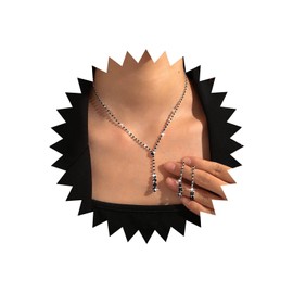 TseenYi Wedding Crystal Necklace Earrings Set Gold Rhinestone Lariat Necklace Saprkly CZ Tassel Drop Earrings Bridal Prom Costume Sets Tennis Choker Necklace Cubic Zirconia Lariat Necklace, Zinc