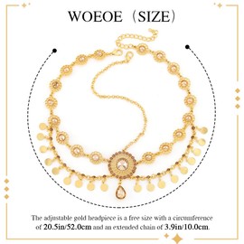 Woeoe Crystal Forehead Headband Gold Sequin Tassels Hair Band Coin Belly Dance Head Chain Prom Costume Egyptian Headpiece Hair Accessories for Women and Girls
