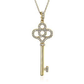 Bling Jewelry Key to My Heart Pave CZ Crown Key Pendant Necklace for Women for Girlfriend Gold Plated .925 Sterling Silver