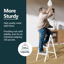 WOA WOA 3 Step Ladder, Folding Step Stool with Wide Pedals, Compact Stepping Stool for Kitchen, Sturdy Steel Ladders with Anti-Slip Feet, Supports up to 330 lbs - White