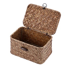 GUSHBIN Handwoven Wicker Storage Basket Small Seagrass Box with Lid Multipurpose Table Organizer for Dental Floss Paper Clip Holder, 6.1" x 4" x 3.3"