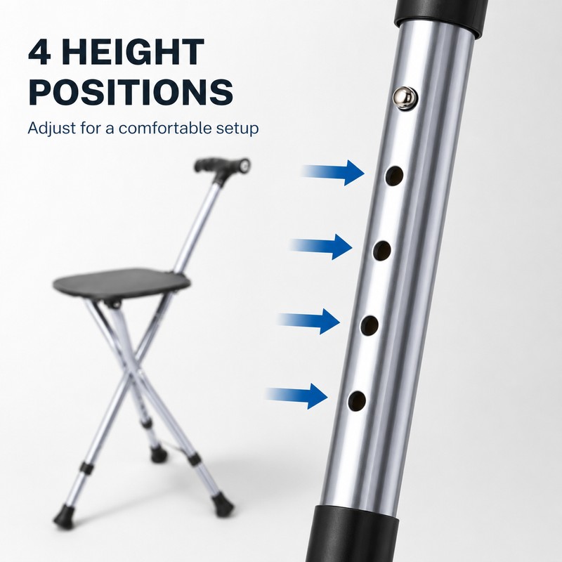 Lefeke Folding Walking Cane with Seat, Adjustable Height & LED
