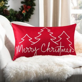 Ohok Decorative Christmas Cushion Cover, 30 x 50 cm, Polyester Linen Decorative Cushion Covers, Merry Christmas Cushion Covers, Decorative Cushion Cover Set for Bedroom, Living Room, Sofa (Red)