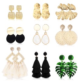 Finrezio 9 Pairs Clip Earrings for Women Statement Rattan Resin Acrylic Drop Earrings Lightweight Rattan Earrings, Acrylic, rattan, No Gemstone