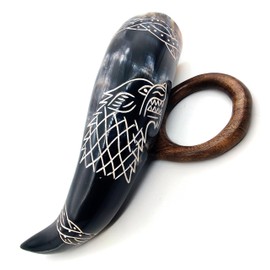 Stark wolf engraved horn mug Game of thrones 12 inch vikings horn Medieval Drinking Horn with wooden stand 16oz