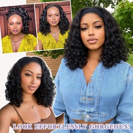 Yaki Curly Headband Wigs for Black Women, 16 Inch Kinky Curly Half Wig Wear and Go Synthetic Headband Wig with Curly Ends Headband Attached for Daily Use
