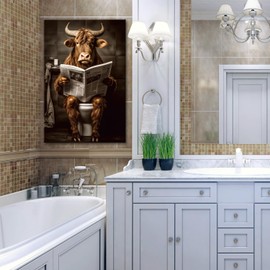 GLOKAKA Funny Cute Highland Cow Wall Art Humor Animal Bathroom Artwork Print for Living Room, Bathroom, Bedroom, Kids Bathroom Decor Ready to Hang (Cow 02, 12"x18")