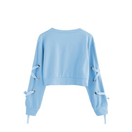SweatyRocks Women's Casual Lace Up Long Sleeve Pullover Crop Top Sweatshirt Light Blue Large