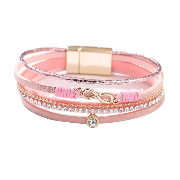 KunBead Pink Infinity Charm Leather Wrap Bracelets for Women Handmade