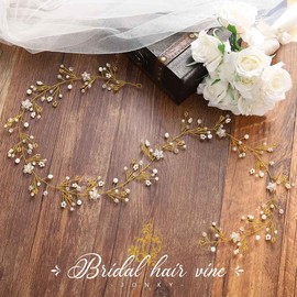 JONKY Bridal Rhinestone Hair Vine Bride Gold Headband Flower Headpieces Crystal Wedding Hair Bands for Women and Girls