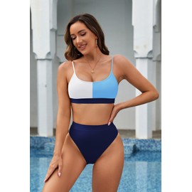Pink Queen Women's High Waisted High Cut Cheeky 2 Piece Bikini Set Swimsuit Bathing Suit Blue S