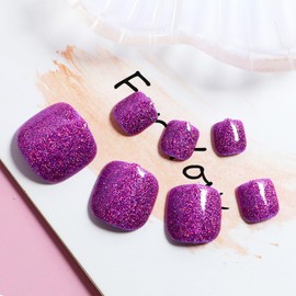 Purple Press on Toenails Short Square Fake Toe Nails Glitter False Toenails with Glossy Solid Color Acrylic Toenails Full Cover Gel Glue on Toenails Summer Artificial Toenails for Women Girls 24 Pcs