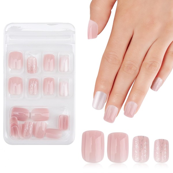 24Pcs Nude Pink Shimmer Press on Nails, Short Square Glossy