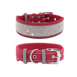 Dog Collar Girl, Bling Rhinestone Glitter Diamond Sparkle Crystal Fancy Reflective Soft Pet Collars for Small Medium Large Female Dogs, Red S Wide 1.6-inch