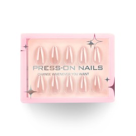 Laser Nude Press on Nails Medium Almond Fake Nails with Design Shiny Aurora Glue on Nails Full Cover Spring Nails Glossy Reusable 30pcs -15Sizes Solid Chrome False Nails for Women Girls Manicure