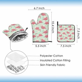Samgula Pink Flamingo Oven Mitts and Pot Holders Sets Palm Leaves Tropical Animal Heat Resistant 3pcs for Cooking Baking BBQ