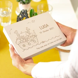 LAUBLUST Children's Cutlery with Engraving – Individually Engraved Wooden Gift Box – White | Stainless Steel Cutlery 4 Pieces – Gift with Name – Memory of Baby and Children's Time | Noah's Ark