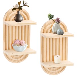Yallmie 2Pcs Bohemian Wooden Wall Shelves, Bohemian Hanging Shelf Display Floating Rainbow Wall Shelf, Wood Wall Mount Book Shelf for Home Room Small Plants Decor (Wood-2)