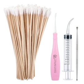 Tonsil Stone Remover Set, 1 Tool for Removing Tonsil Stones Made of Stainless Steel, 1 Tonsil Stone Remover with LED Light, 100 Swabs and 1 Curved Irrigator Syringe to Get Rid (Pink)