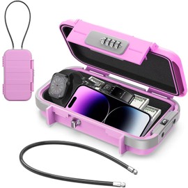 Small Safe with 4 Digit Combination Lock, Portable Safe Security Box with Removable Wire Rope, Waterproof Security Box for ID Cards, Mobile Phones, Beach, Camping, Office, Cars - Pink