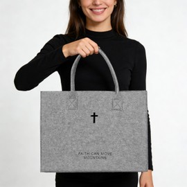 Christian Gift Bible Cover Large Tote Bag Cross Hollow-Out Felt Tote Bag Holiday Gift Bag15.7x11.8x5.7(Grey, L)