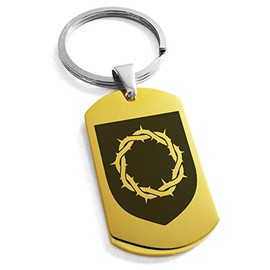 Tioneer Gold Plated Stainless Steel Crown of Thorns Adversity Coat of Arms Shield Symbol Dog Tag Keychain Keyring