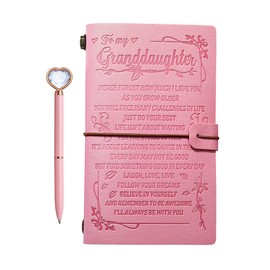 To My Granddaughter’s Gift Pink Leather Journal+Heart Diamond Pen Set ,Engraved Notebook Writing Journal,Refillable Notepads,Travel Diary Graduation Back to School,Christmas,Birthday Gifts for