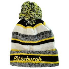 Pittsburgh 4-Color Embroidered Adult Size Thick Winter Knit Pom Beanie Hat (Gold Script)