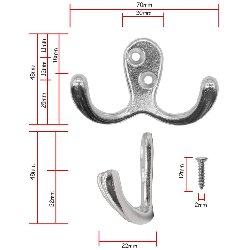 Fuxxer® 5 x Classic Double Hooks, Wardrobe Hooks, 70 x