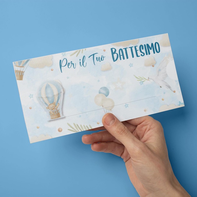 Biglietti di Auguri per Battesimo, Design Mongolfiera Celeste, con Busta