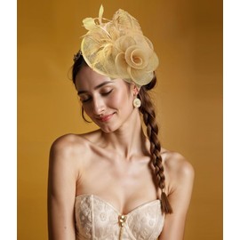 Z&X Sinamay Fascinator Pillbox Hats for Women Feather Flower Church Derby Headband Clip Wedding Tea Party Hat Gold