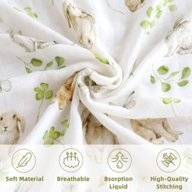 LifeTree Baby Swaddle Blankets, Muslin Swaddle Blankets Boys Girls Swaddling Wrap Receiving Blanket for Newborn, 70% Viscose Bamboo and 30% Cotton, Large 47" x 47", Leaf & Rabbit Pattern