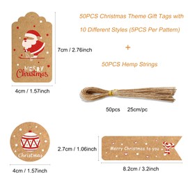 50 PCS Christmas Gift Tags, Brown Kraft Paper Xmas Hanging Tags Present Tags Labels with String for DIY Christmas Wrapping Paper and Present Craft Decorations (10 Patterns)