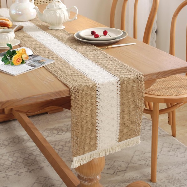 Figarge Macrame Table Runner, Beige Boho Table Runner with Tassels,