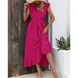 BTFBM Women 2024 Summer V Neck Dress Cap Sleeve Swiss Dot Boho Ruffle Slit Beach Cocktail Party Flowy Long Maxi Dresses(Swiss Dot Rose Red, Medium)