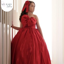 Girls Long Satin Princess Pageant Dress - Elegant Girls' Formal Party Dress - One Shoulder Ball Gown with Bow Knot - Charming Girls Outfit for Weddings & Special Occasions (6 years, red)