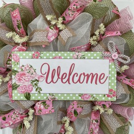 Spring Wreath, Luxury Handmade - Mint and Pink Floral Welcome” Front Door Decor, 24 or 28 Inch