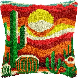 Sunset Cactus Latch Hook Kits for Adults Kids Beginners Desert Scenery Latch Hook Pillow Kit Pre-Printed Latch Hook Rug Kits Cross-stitch Cushion for Home Sofa Decoration 17x17 in. Craft Gift