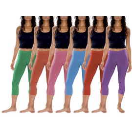 Womens 3 Pack & 6 Pack Buttery Soft Brushed Active Stretch Yoga Cropped Capri Skinny Pant Leggings (6 Pack- Coral/Tomato/Soft Blue/Ultraviolet/ArcadiaGreen/Pink Lavender, Medium)