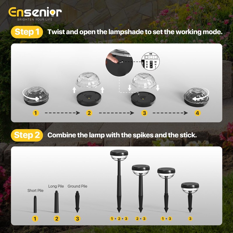 Ensenior Solar Pathway Lights IP65 Waterproof, RGB Color Changing &