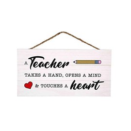GSM Brands Teacher Takes a Hand Wood Plank Hanging Sign for School Decor (13.75 x 6.9 Inches)