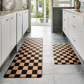 VivaNest Black Brown Checkered Grid Checkerboard Kitchen Rug Sets [2 PCs], Anti-Fatigue, Waterproof Non-Slip Kitchen Mats Heavy Duty Comfort Foam Rug for Kitchen, Floor, Home, Laundry,17"x29"+17"x47"