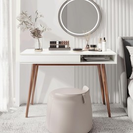 Arts wish White Writing Desk with Drawers Mid Century Modern Desk, Wood Office Desk Computer Desk Vanity Desk for Small Space, White Desk with Walnut Legs