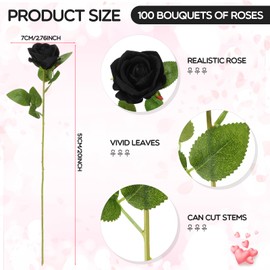 Jexine 100 Pieces Artificial Roses Flowers bulk, Long Stem Realistic Fake Silk Roses Bouquet for Table Centerpiece Vases Wedding Party Home Kitchen Decor (Black)