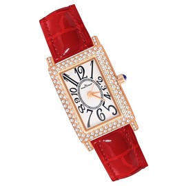 MicLee Women's Quartz Watch with Red Leather Strap Luxury Rhinestone Alloy Wrist Watch Zirconia-Set Square Dial Quartz Analogue Fashion Watches for Ladies Girls Creative Arabic Numeral Dial
