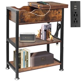 Flip Top Side Table with Hidden Charging Station - 12"D×21"W×26"H Compact End Table for Small Spaces, with Storage and 2 Shelves, Metal and Wood End Tables for Living Room, Slim Sofa Side Tables,Brown